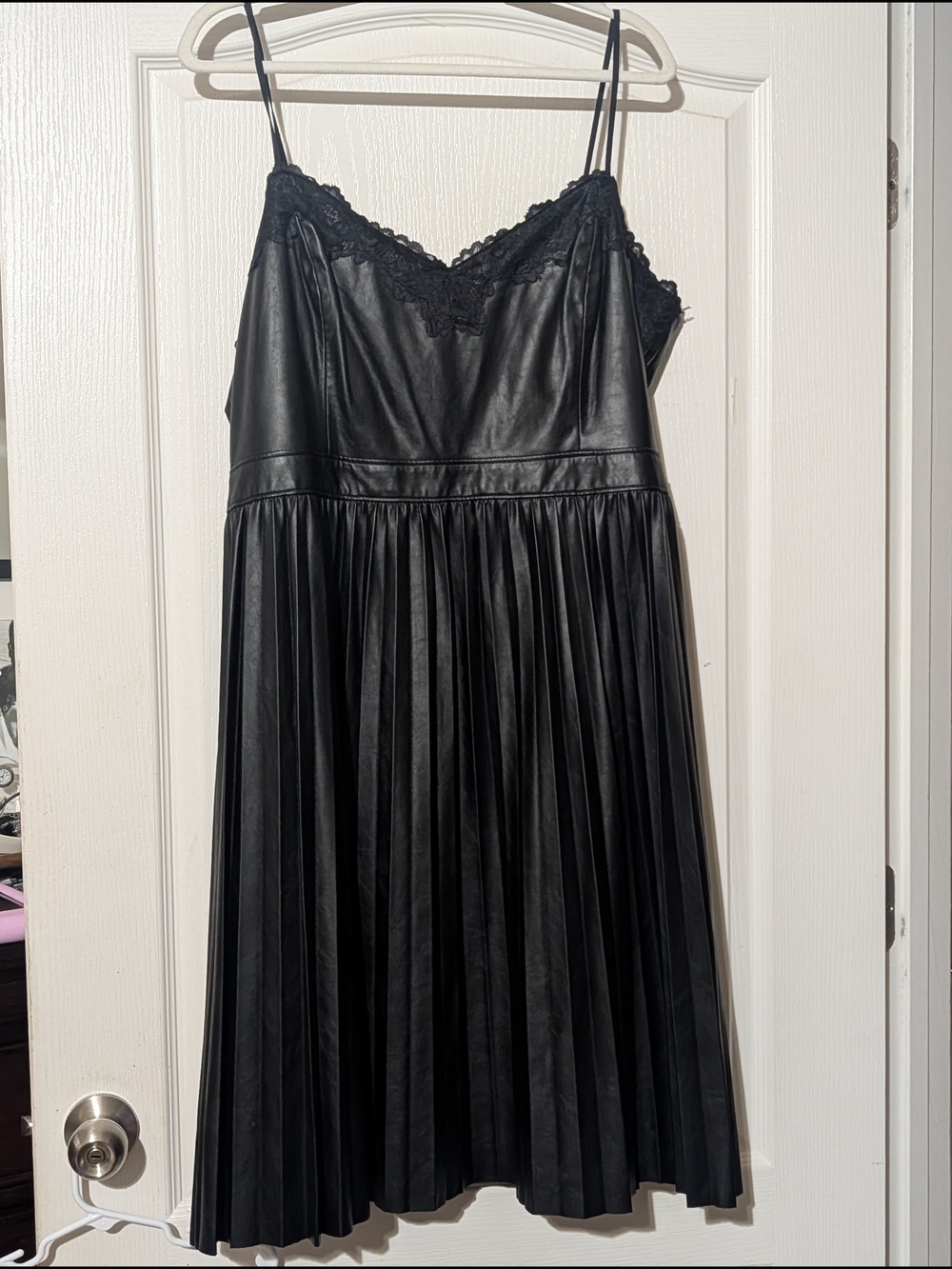 Black Faux Leather Pleated Slip Dress with Lace Trim